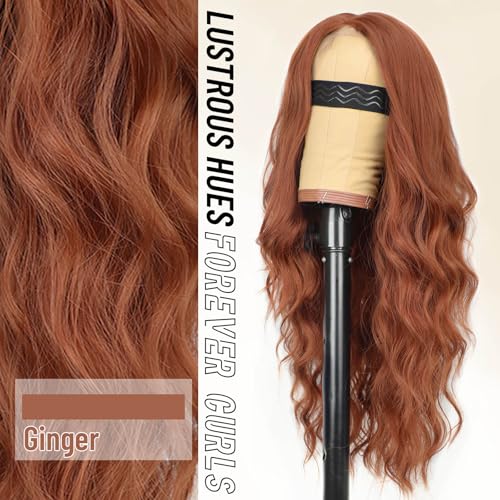 Image of AISI HAIR Ginger Wig for Women, Long Wavy Lace Hairline Middle Part Synthetic Heat Resistant Wig for Daily Party-26 Inch