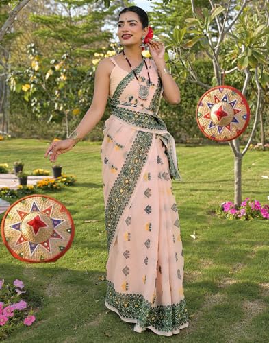 Image of SIRIL Women's Cotton Linen Mekhela Chador Printed Saree with Unstitched Blouse Piece