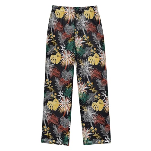 Palm Leaves with Florals Boys Long Pants Soft Trousers Elastic Waist Kids Lounge Bottoms with Pockets S-XL