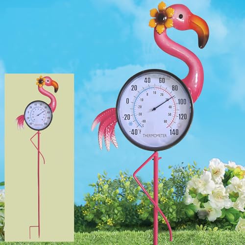 Metal Flamingo Thermometer Stake, Red Flamingo Art Decor Sculpture for