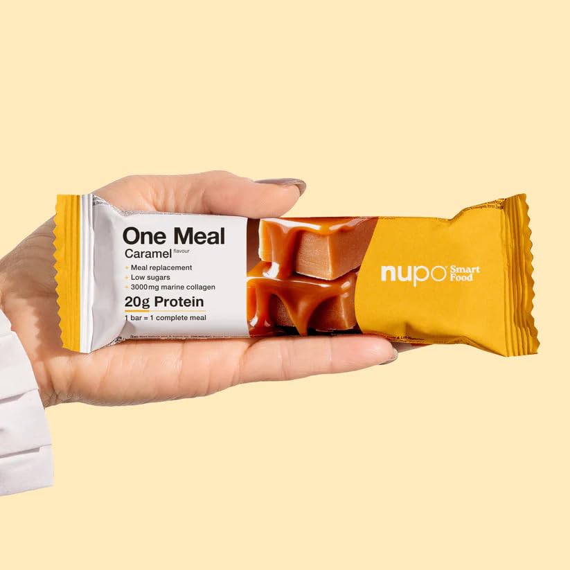 NUPO One Meal Bar – Caramel (15 x 60g) | Leckerer High Protein Mahlzeitenersatz Riegel zum Abnehmen | Low Sugar | Mit 3000 mg Kollagen | Kalorienarme Snacks mit Vitaminen & Mineralien