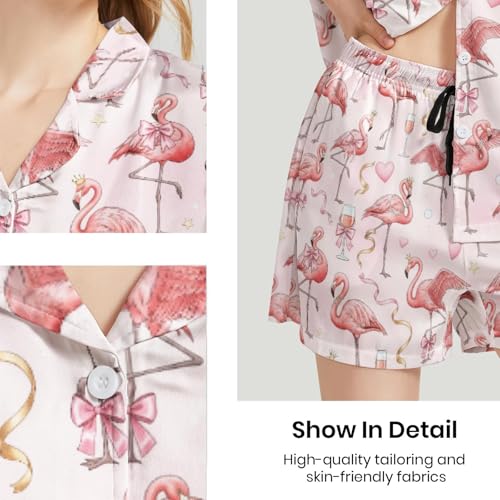 Image of Silk Satin Pajama Set for Women Summer Lounge Pjs Sets 2 Piece Suit Ladies Button Down Tops And Shorts Sleepwear