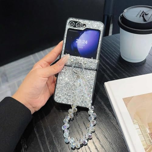 Coque Samsung Z Flip4 anti-chute en cuir argenté avec bracelet perles