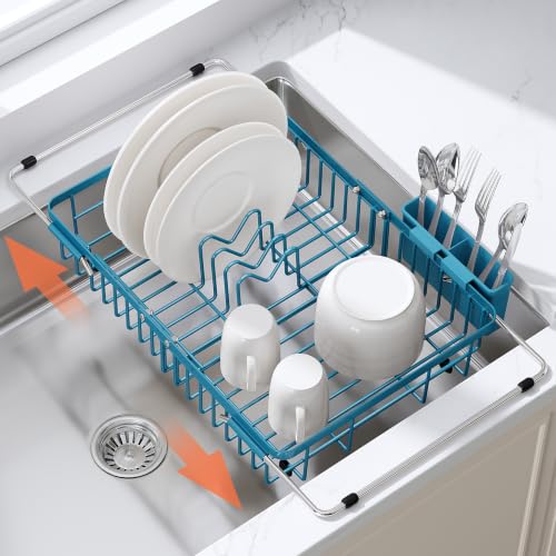 Image of JASIWAY Blue Dish Drying Rack Over the Sink with Utensil Holder