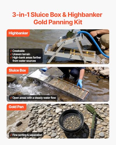 Image of VEVOR Highbanker Gold Panning Kit, 50 inch 3-in-1 Folding High Banker Gold Sluice Box, 26 PCS Portable Mining Equipment Prospecting Kit with Gold Pans, Classifier Screen, Magnet, Backpack, and Accessories