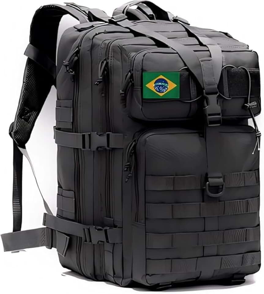 Mochila Militar 50 Litros Reforçada Impermeável Tática a Prova Dagua Grande para Camping Viagem Cargueira Masculina Feminina Notebook Preta com Sistema Molle e Bandeira Next Ecommerce