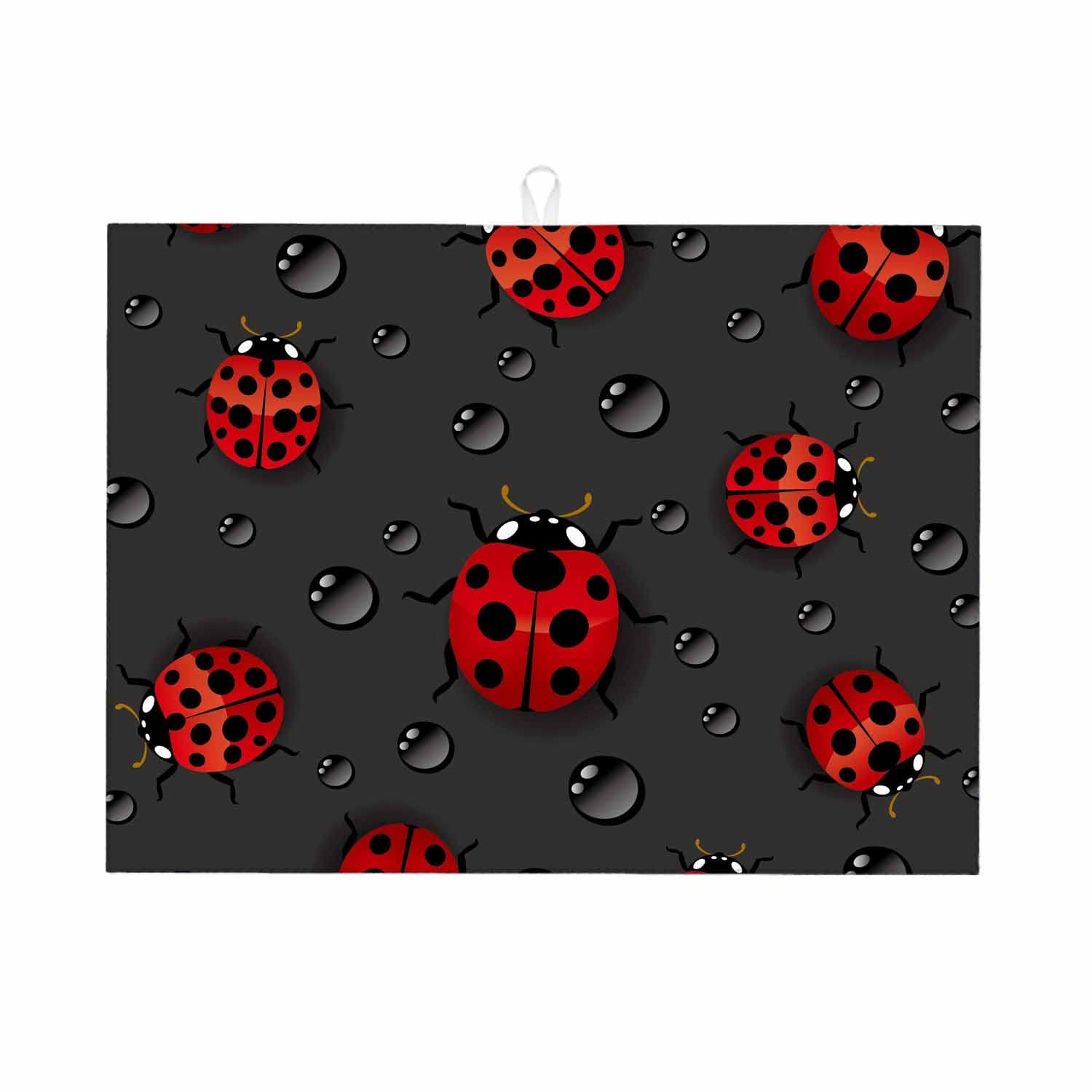 Beabes Ladybug Theme Dish Drying Mat,Ladybug Raindrop Black Red Drying Mat for Kitchen Counter 18x24 Inches Quick Drying Foldable Mat