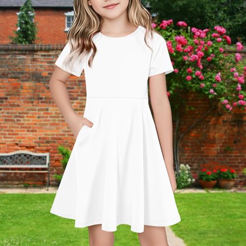 Girls Short Sleeve Dress with Pockets Summer Casual A Line Swing Basic Skater Party Dresses 4-14 Years2