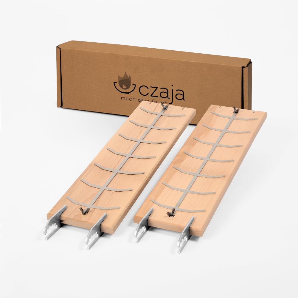 Czaja® Flammlachsbrett 2er Set für Feuerschale und Kugelgrill | Hergestellt in Deutschand | Nutzbar von Allen Seiten für höhere Lebensdauer | Flammlachsbretter aus Buche mit Edelstahl Halterung