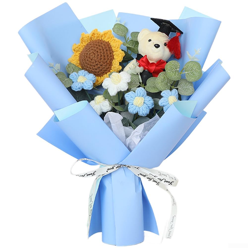 TVANTRUXIS Hand Woven Artificial Flowers, Sunflower Bouquet Multicolor Crochet Graduation Recognition Home Decor(Blue)
