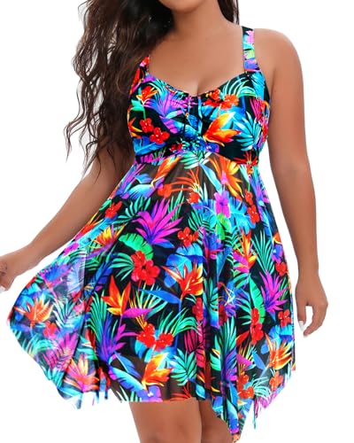 Image of Daci Plus Size Two Piece Swim Dress with Shorts for Women Mesh Swimsuits Flowy Bathing Suits