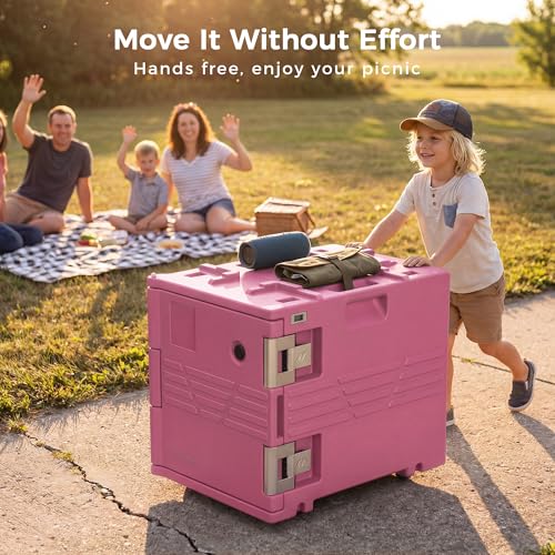 Image of CAMMOO Pink 82QT Non-Electric Hot Box Food Warmer with Wheels, 304 Stainless Steel Latch, Insulated Food Carrier for 5 Full-Size Pans(NOT Included), Food Warmer Box Hot Boxes for Catering