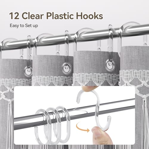 Image of AmazerBath Boho Shower Curtains for Bathroom, Farmhouse Shower Curtain Gray with Top Tassels, Light Grey Shower Curtain with 12 Hooks, Faux Linen Fabric Hotel Quality, 72x72 Inches