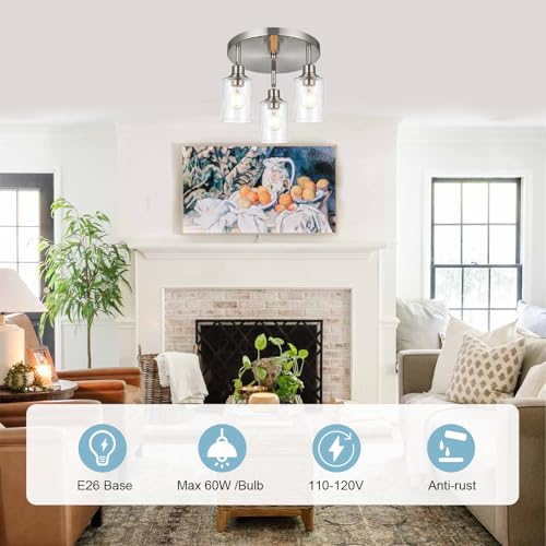 Image of 3 Light Contemporary Track Lighting Kit Brushed Nickel Round Ceiling Spot Lighting with Adjustable Light Heads, Modern Kitchen Track Light Fixtures for Kitchen Living Room Bedroom