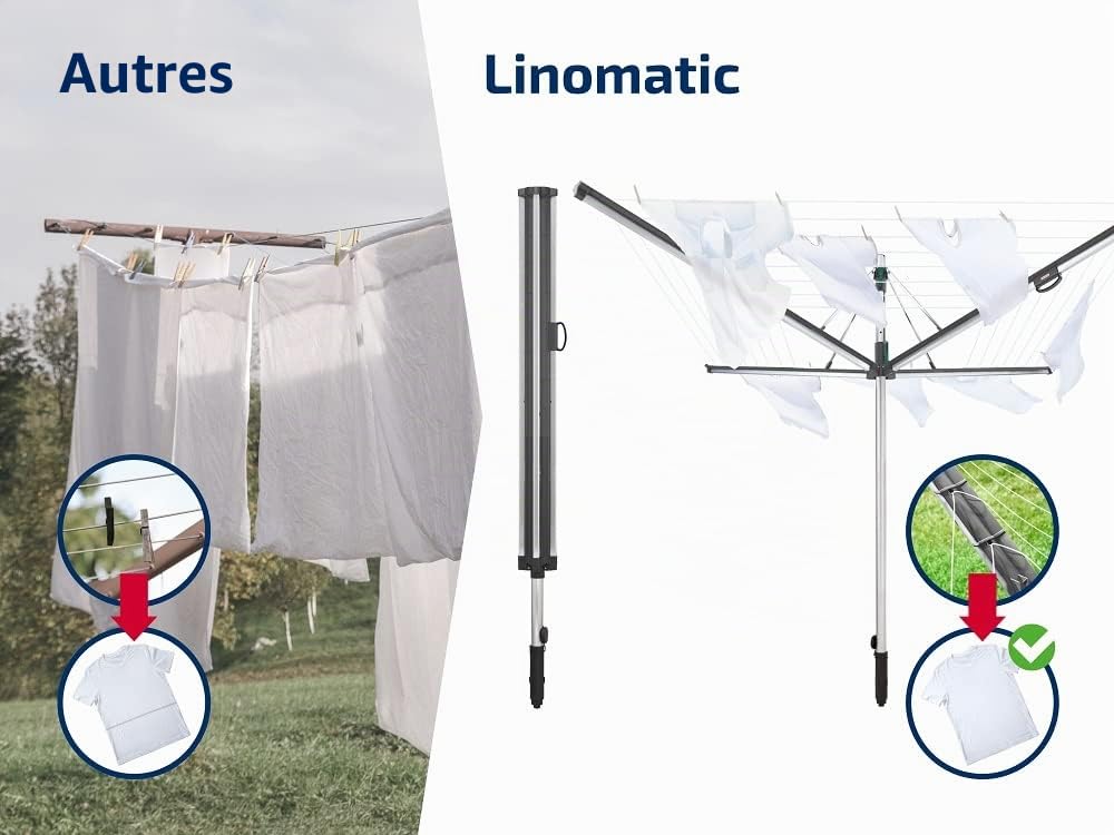Leifheit Séchoir parapluie Linomatic 600 Plus (anthracite), étendoir à linge 60 m, séchoir à linge avec rétractation automatique des fils, hauteur ajustable