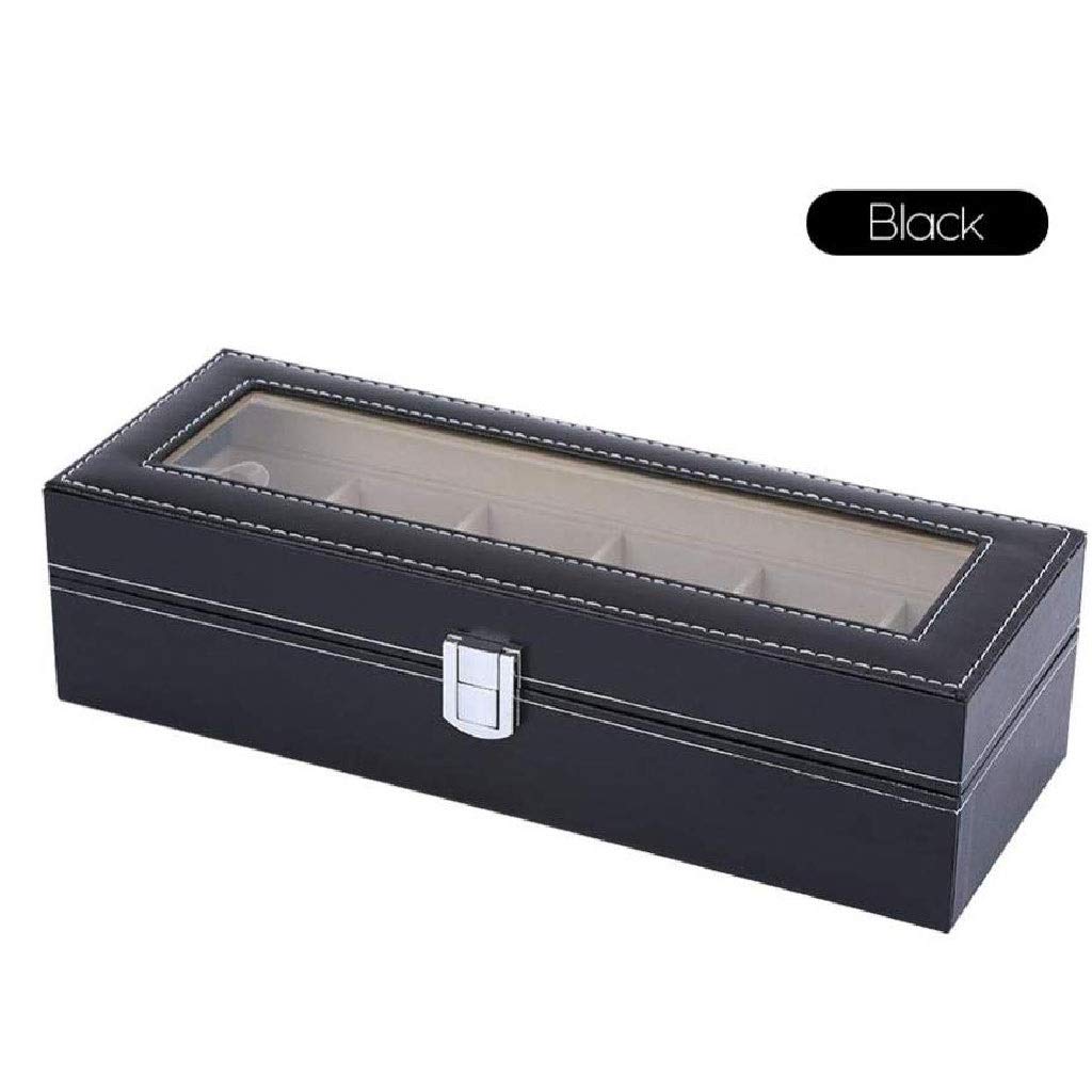 XBTGS Joyero con 6 ranuras, caja de almacenamiento para relojes con tapa de cristal como regalo, con forro de terciopelo, cojines y cerradura