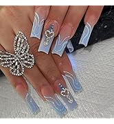 SIXDIAN Blue Coffin Press on Nails Long French Fake Nails with Heart Dimaond, Blue Matte Glue on ...