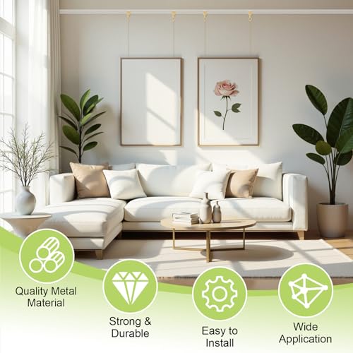 Image of Picture Hanging Kit 6Pcs Picture Rail Hooks with Chains, Rail Hanging Hooks Picture Display Hanging System for Wall Picture, Exhibition(1M, Gold Beaded Chain)