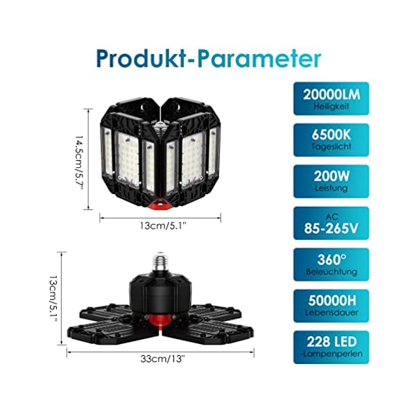 Rafow 200W LED Garagenleuchte Werkstattlampe Garagenbeleuchtung: 2 PCS Faltbares Deckenlampe 20000LM 6500K mit 6… – Bild 8