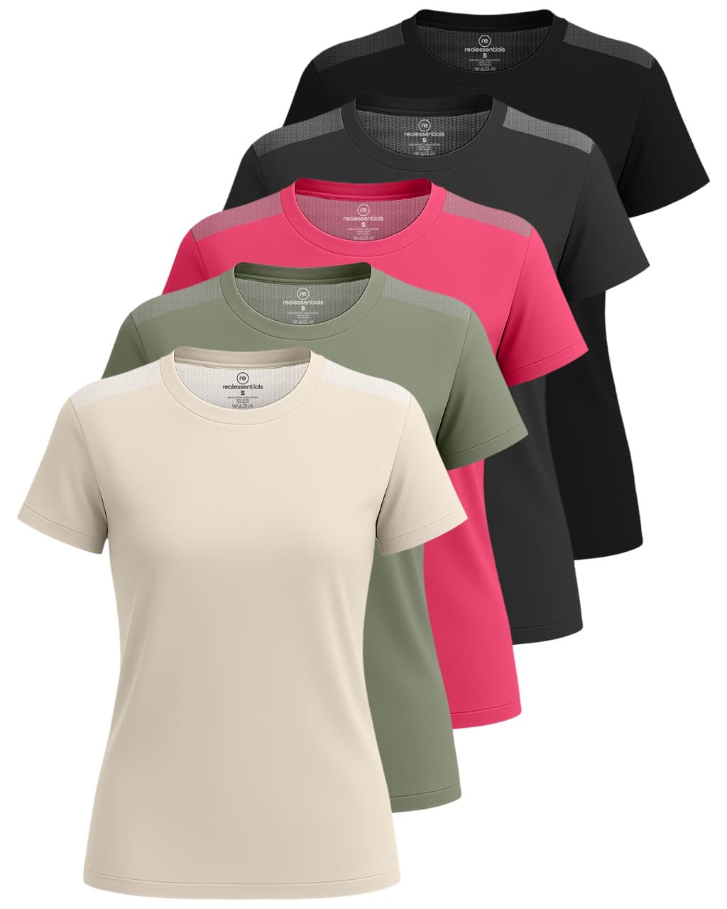 Real Essentials 5 Pack Womens Short Sleeve Mesh Insert T-Shirts Athletic Tops Gym Workout Yoga Tennis Activewear Plus