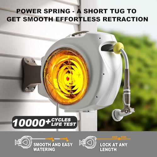 Image of Retractable Garden Hose Reel, 1 /2 in 75+6ft, Heavy Duty Wall Mounted Water Hose Reel, Spring power Automatic Rewind, Any Length Lock, 180 Swivel Bracket, 10 Pattern Spray Nozzle