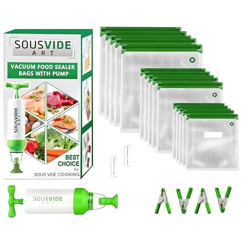 Comparison: Best Sous Vide Bags 7 SOUSVIDE ART 37pcs Reusable Vacuum Seal Bags with Vacuum Sealer - 30 Cooking and Storage Bags of 3 Sizes with Pump and Sous Vide Cooker Accessories - Food Safe Kit, Keeps Food Fresh
