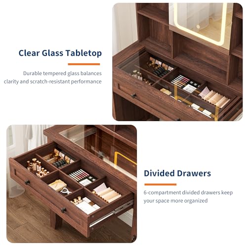 Farmhouse Makeup Vanity Desk,Makeup Vanity with Mirror and Lights & Power Outlet, Makeup Table with 2 Drawers and Cushioned Stool, Dressing Table with Glass Top for Bedroom Dressing Room (Retro Brown)