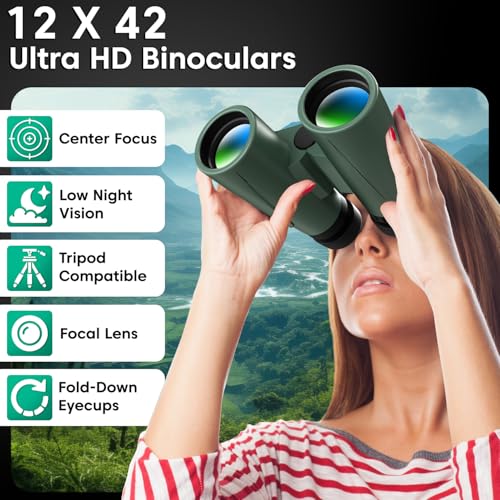 Image of Sounce 12x42 Binoculars for Long Distance | Ultra HD Binocular for Adults | BAK4 Prism Green Coated | Bird Watching Wildlife Safari | 360 Degree Tripod & Pouch Included (Green)