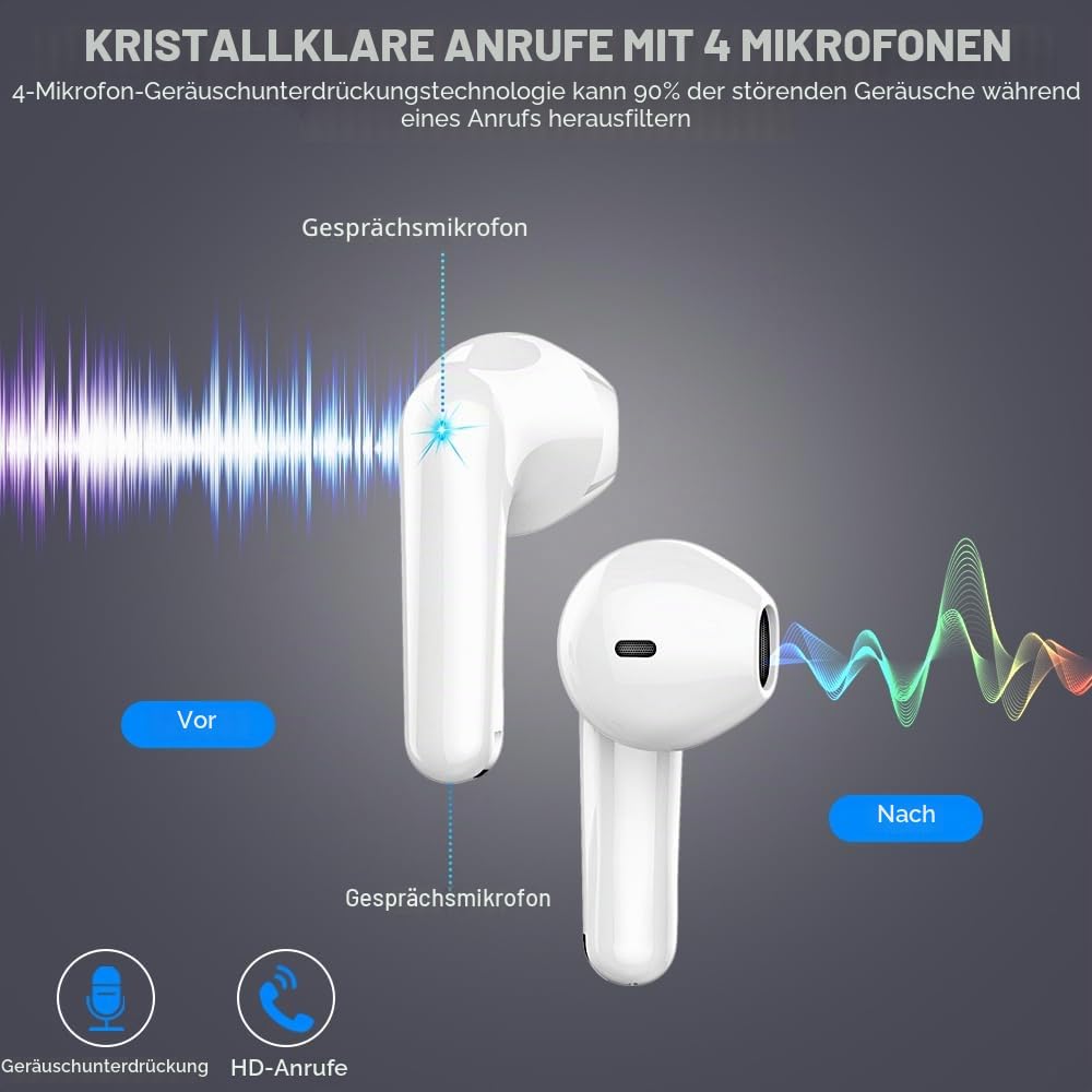 Bluetooth Kopfhörer, Kopfhörer Kabellos Bluetooth 5.4 In Ear kopfhörer bluetooth mit 4 Mic, 50H Kabellose Kopfhörer ENC Noise Cancelling, Tiefer Bass Earbuds IP7 Wasserdicht Ohrhörer, LED-Anzeige