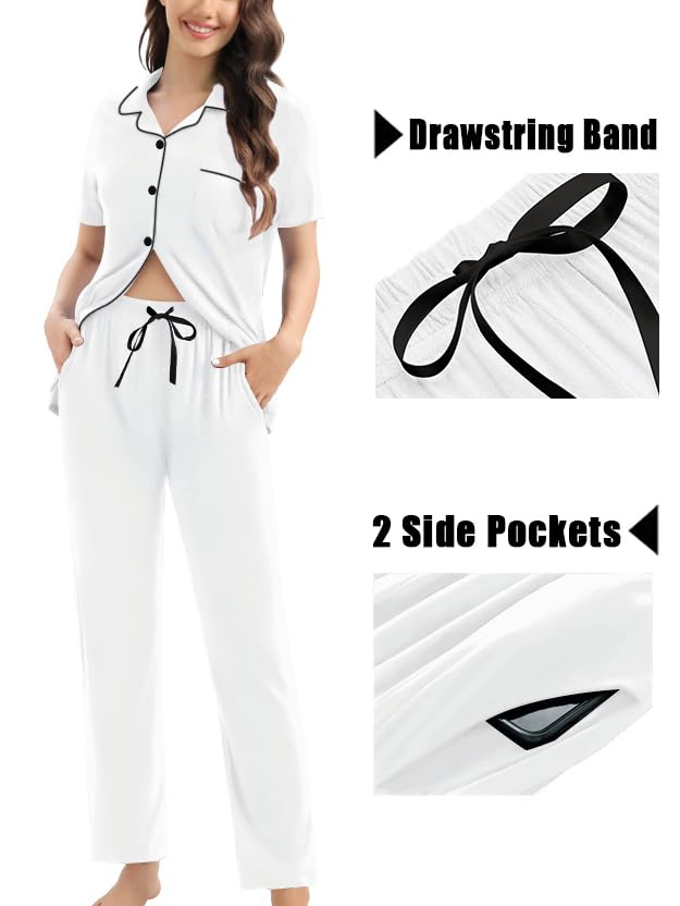 Image of SWOMOG Womens 3pcs Button Down Pajamas Set Short Sleeve Sleepwear Bride Pj Lounge Set with Long Pants