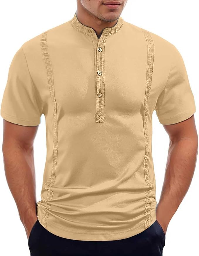 Men's Casual Short Sleeve Henley Shirt Classic Button Down T-Shirt Stretch Collared Business Golf Blouse Shirts