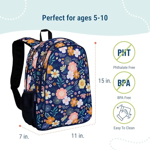 Image of Wildkin 15 Inch Backpack for Kids, Floral Bloom | Ages 5-10, padded straps, side water bottle pocket - coordinates with matching Wildkin lunch boxes and water bottles