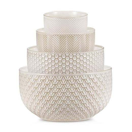 29+ Essential Items for a Cozy Dark Cottagecore Kitchen 4 KooK Ceramic Mixing Bowls, Nesting Set of 4, Embossed Kitchen Dishware, Prep, Serving, Gift, Microwave and Dishwasher Safe, 20/44/98/145 oz, Narbonne Collection (Ivory)