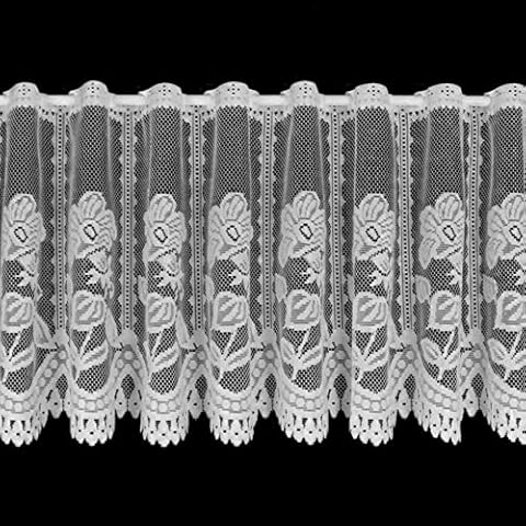 kellyuk Floral White Quality Budget Cafe Net Curtain With Scalloped Hem & Floral Panel Design - 2 Metre Wide x 24" (60cm) Drop Cover