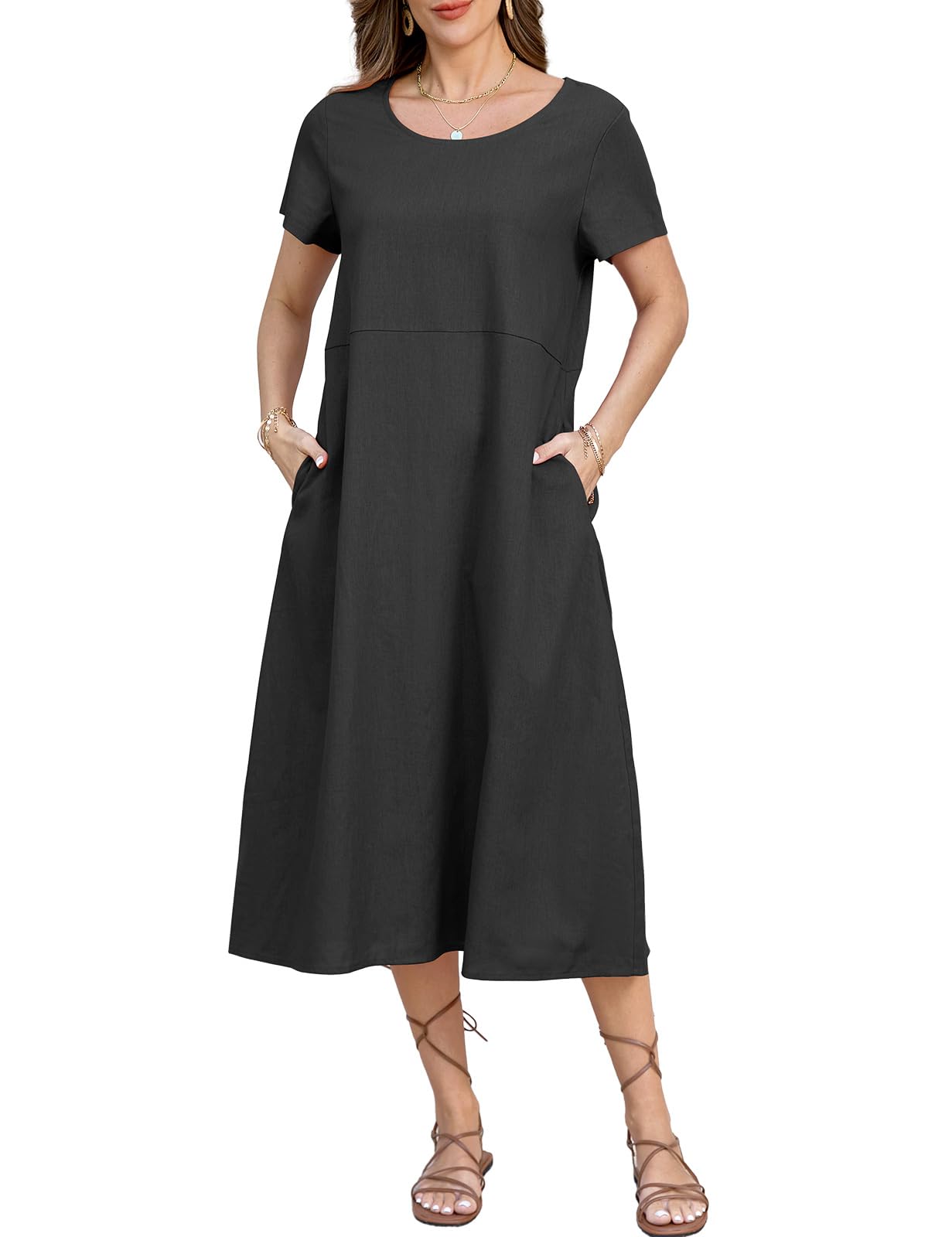 Xnova Vestidos Verano Mujer Manga Corta Sueltos Casual Vestido Playeros Largo Cuello Redondo y Bolsillos Ropa Mujer Color Sólido Tallas Grandes