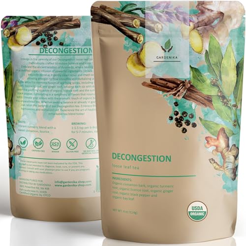 Gardenika Organic Decongest Loose Leaf Tea, Herbal, Caffeine-Free, KSA Kosher, Ayurvedic Blend with Turmeric, Cinnamon, Liquorice, Ginger Root – 4oz (1 Pack)