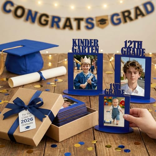Image of AceOrbit 13 Pcs K-12 Picture Frame 4 x 6 Inch Kindergarten Through 12th Grade Picture Frame Grad School Photo Display for Graduation Party Supplies(Blue)