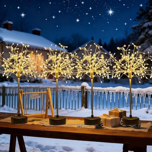 Nest and Flowers Table Lights Fireworks, 2025 New Mini Table Starburst Lights with Remote Conrtol, Led Christmas Starburst Firework Lamp for Dinner Indoor Christmas Party Dec (Warm*4)