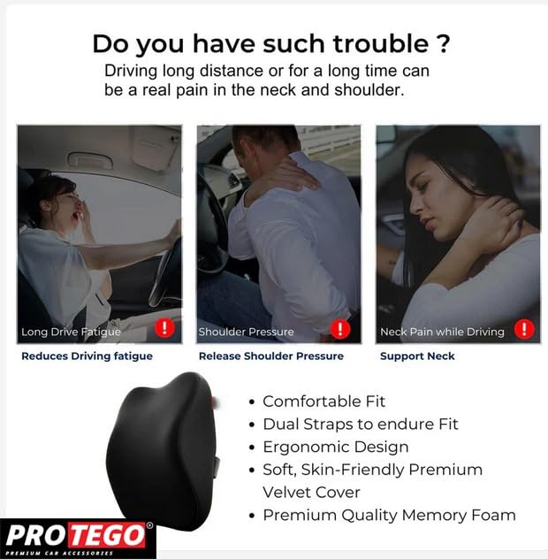 Image of PROTEGO Universal Memory Foam Car Neck Rest Pillow with Washable Velvet Cover | Relieves Neck Pain | Ergonomic Support Orthopedic Cushion Ultra Soft| for All Hatchback SUV Sedan Cars |Black (Medium)