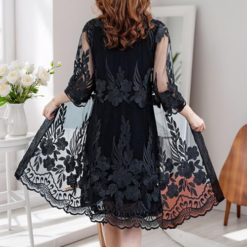 FindThy Women’s Floral Lace Embroidery Cardigan 3/4 Sleeve Sheer Mid-Long Coat Kimono Coverups4
