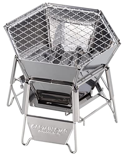 Captain Stag UG-94 Bonfire Stand, Barbecue Stove, Grill, 2-in-1, Hexa Stainless Steel, Fire Grill, Tabletop Grill, Small, Stainless Steel, Storage Bag Included, sliver