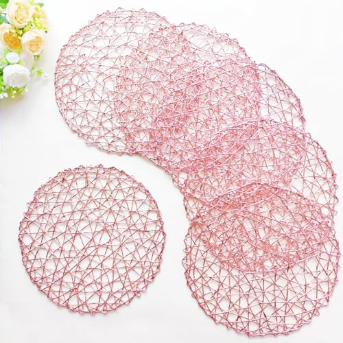 IcosaMro 13 Inch Boho Round Woven Pink Placemats Set of 6 Shiny Place Mats by IcosaMro - Used condition - US$18.23