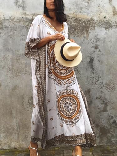 Image of Kaftan Dresses for Women Plus Size Summer Beach Dress with Print and Swim Cover Ups Khaki