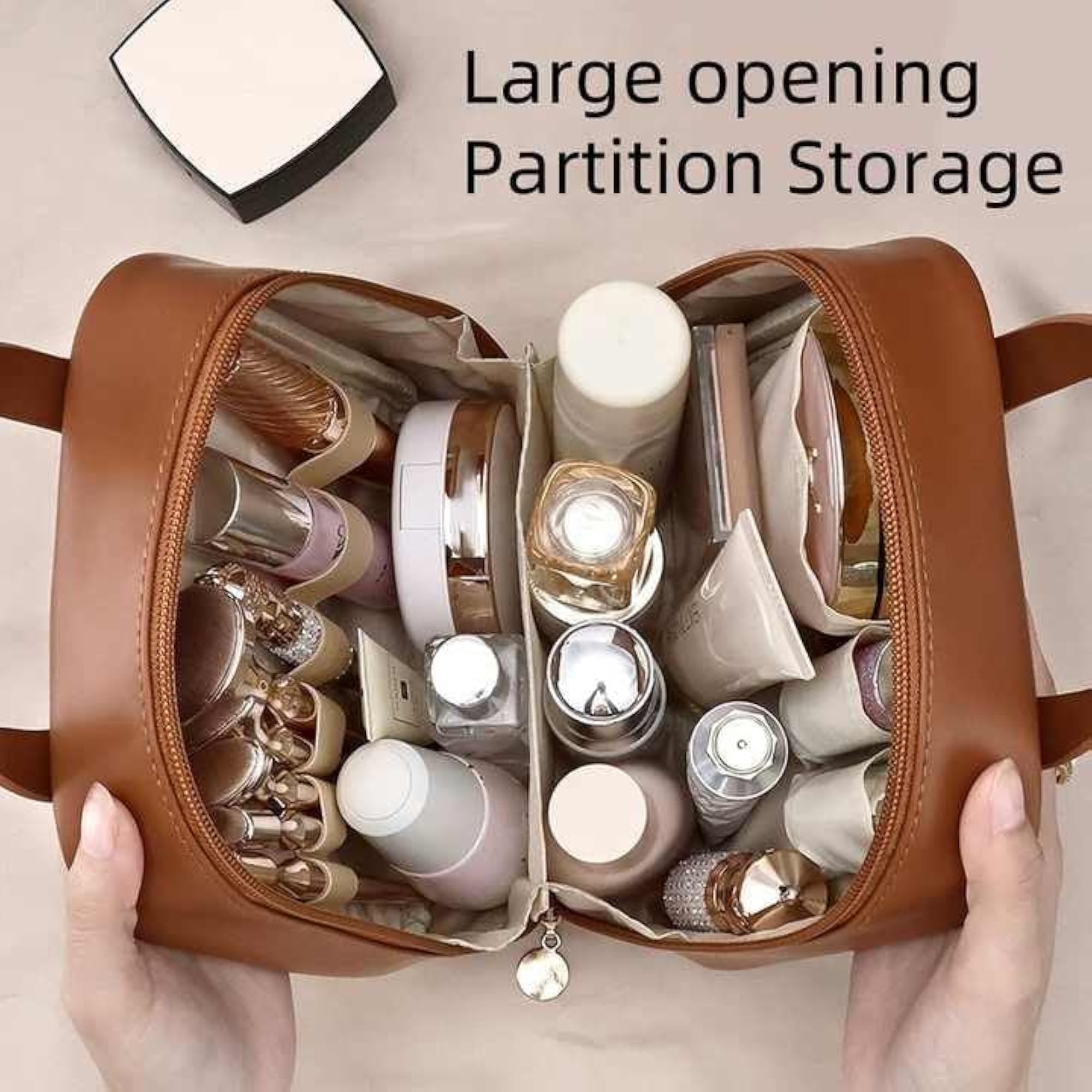 Waterproof Leather Travel Makeup Bag, Zipper Closure
