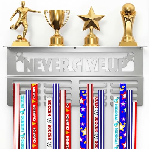 Image of AGATHOS HOME Medal Hanger Display with Trophy Shelf - Metal Awards Rack for Walls Holds 64+ Sports Medals- Our Never Give Up 16 inch Medal Holder Awards Trophy Display