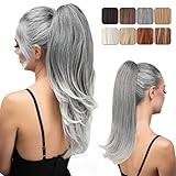 YOUNGWAYS Clip in Ponytail Extension 18 Inch Pony Tails Hair Extensions for Women Long Straight Curly Tail Ponytail Hair piece Synthetic Fake Versatile Pony Black Mix Gray and Platinum Blonde Tips