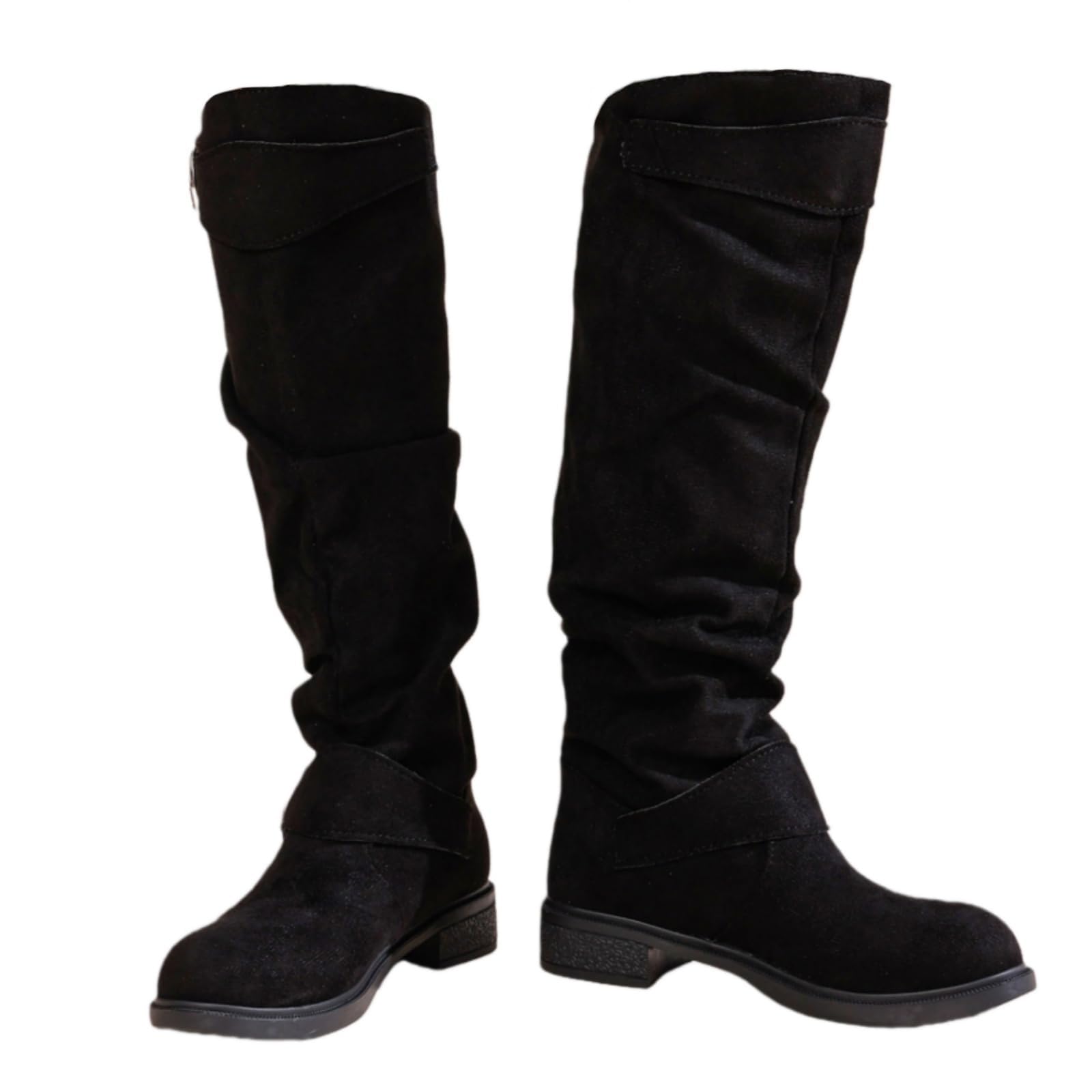 BORAMAX Womens Knee High Pull On Fall Western Winter Boots Round Toe Side Zipper Wide Calf Mid Heels
