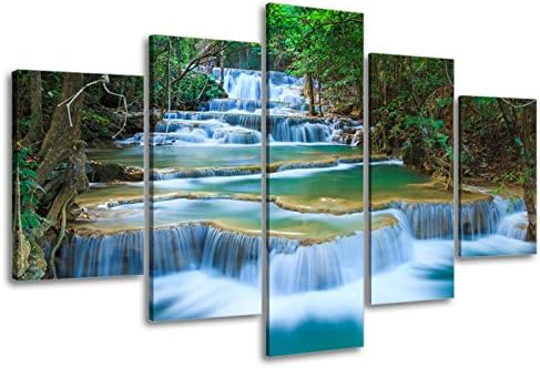 Miniatura 1 de SZ - Lienzo decorativo para pared en cascada para sala de estar, 5 piezas de impresiones de estanque relajante en bosque tropical (montaje con