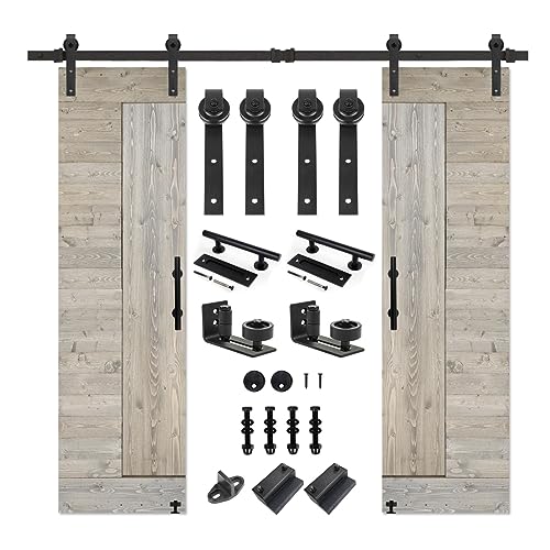 S&Z tophand® Double 20 in. x 84 in. Elephant Gray Barn Door with 8FT Sliding Door Hardware Kit, 20/24/30/32/36/42/48/54in , Modern Style Barn Door/Solid Wood/Sliding Door/Simple Assembly is Required