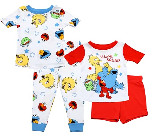 Sesame Street Boys Pajamas, 4 Piece Cotton Elmo Pjs for Boys, Big Bird, Oscar, Cookie Monster Pajamas for Toddlers, 4T White